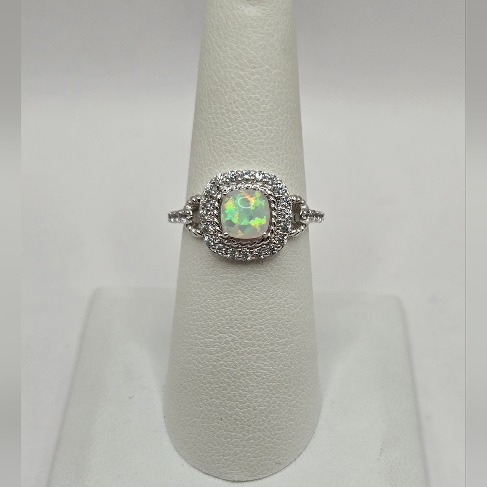 Sterling Silver Ethiopian Opal Ring with Halo Size 7